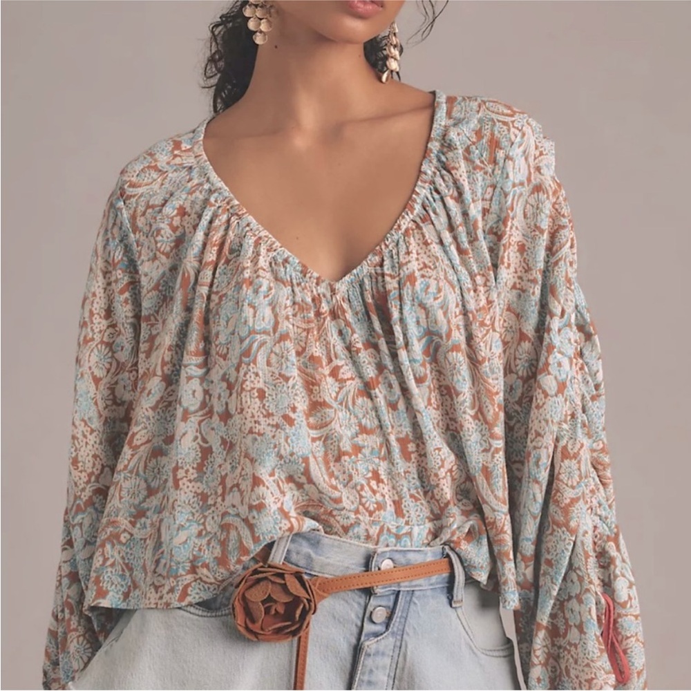 Anthropologie Floral Blouse - Light Blue and Rust